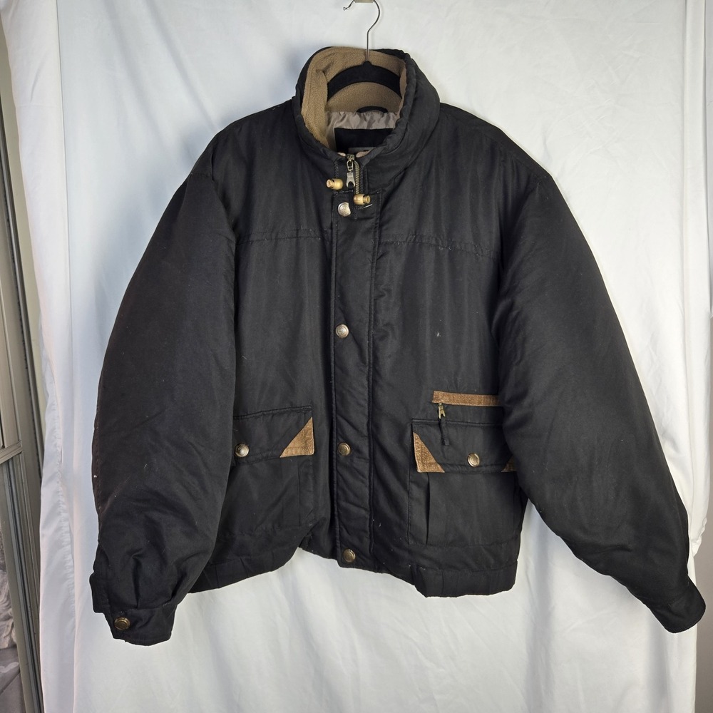 Vintage I.C. Mist Down Filled Jacket Mens‎ XL Leather Trim Black Winter Casual